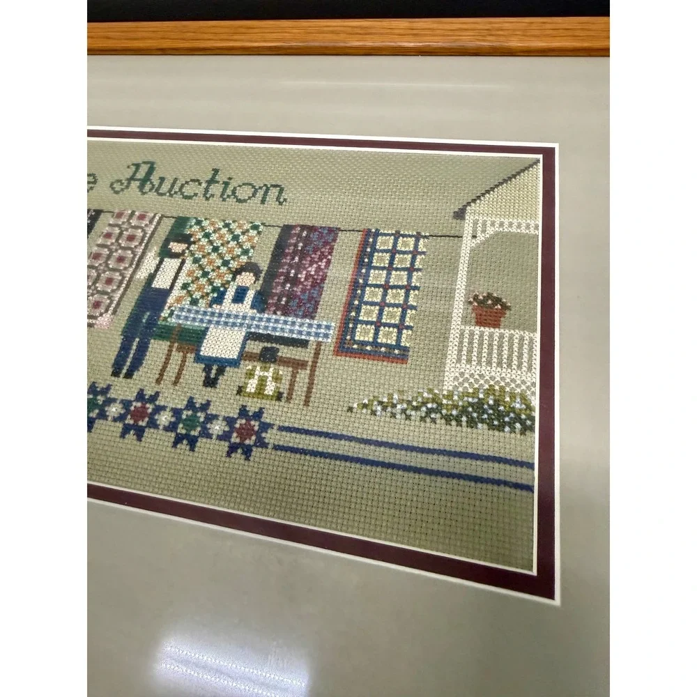 Vintage Amish Folk Art Framed Cross Stitch Set Welcome & The Auction Quilt Theme